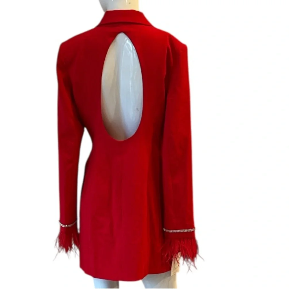 Miss Circle Quilla Red Backless Feather Crystal Sleeve Blazer Dress Size NWT - Picture 9 of 15